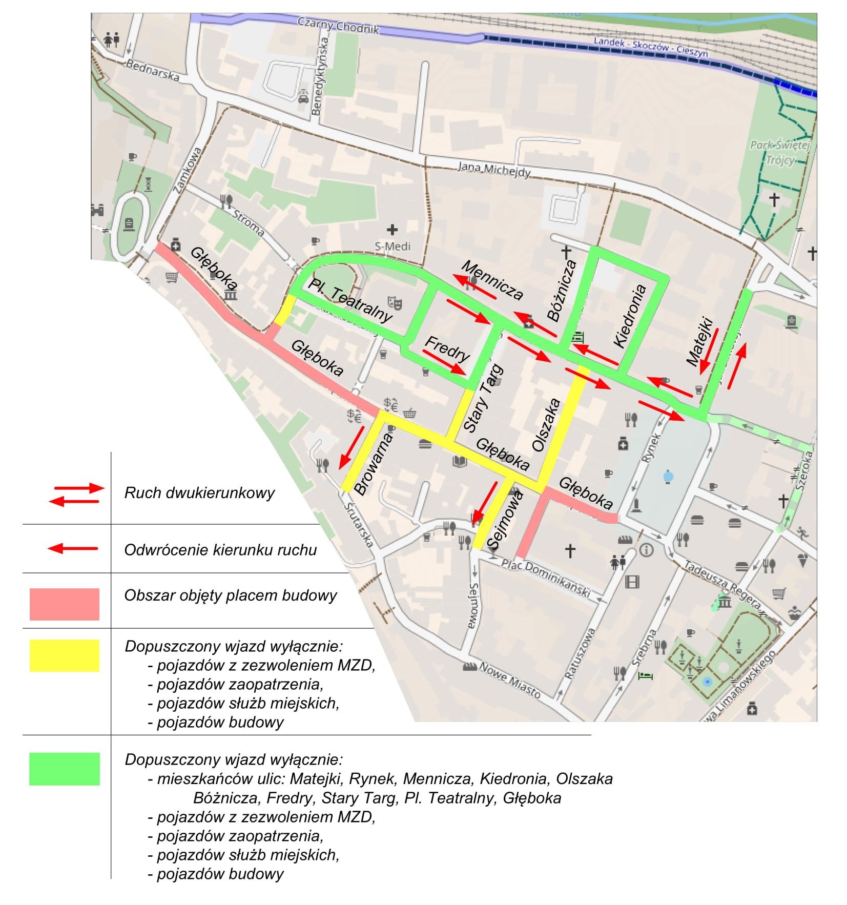 Mapa nowej organizacji ruchu w centrum Cieszyna 